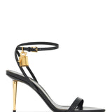 BLACK GOAT LEATHER SANDALS WITH 10 CM STILETTO HEEL AND ANKLE STRAP