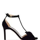 BLACK MEDIUM HEELED VISCOSE SANDALS WITH GOLDEN BUCKLE