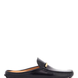 BLACK CALFSKIN SLIP-ON LOAFERS WITH METALLIC STRAP AND RUBBER SOLE