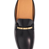 BLACK CALFSKIN SLIP-ON LOAFERS WITH METALLIC STRAP AND RUBBER SOLE