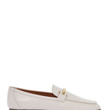 WHITE CALFSKIN MOCCASIN WITH GOLD BAR AND VELCRO CLOSURE