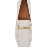 WHITE CALFSKIN MOCCASIN WITH GOLD BAR AND VELCRO CLOSURE