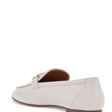 WHITE CALFSKIN MOCCASIN WITH GOLD BAR AND VELCRO CLOSURE